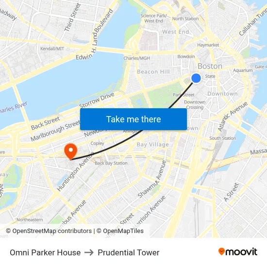 Omni Parker House to Prudential Tower map