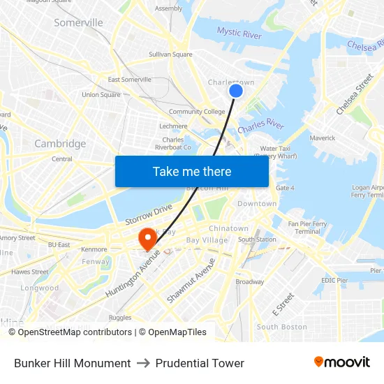 Bunker Hill Monument to Prudential Tower map