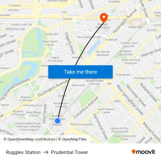 Ruggles Station to Prudential Tower map
