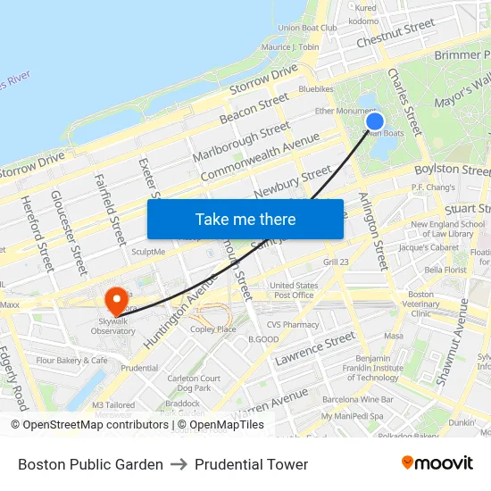 Boston Public Garden to Prudential Tower map