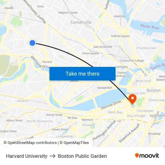 Harvard University to Boston Public Garden map