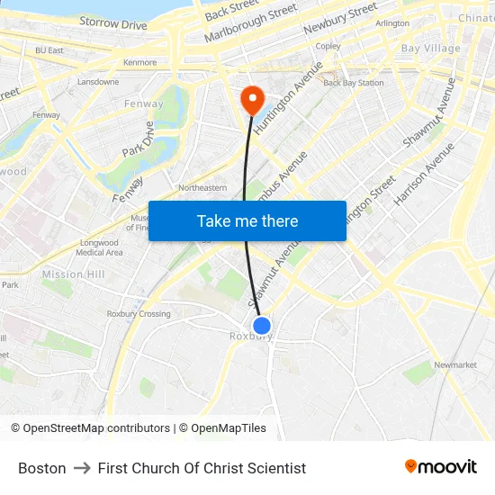 Boston to First Church Of Christ Scientist map