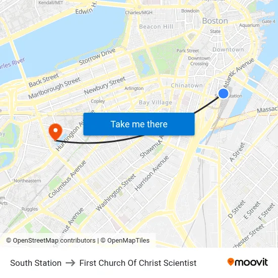 South Station to First Church Of Christ Scientist map