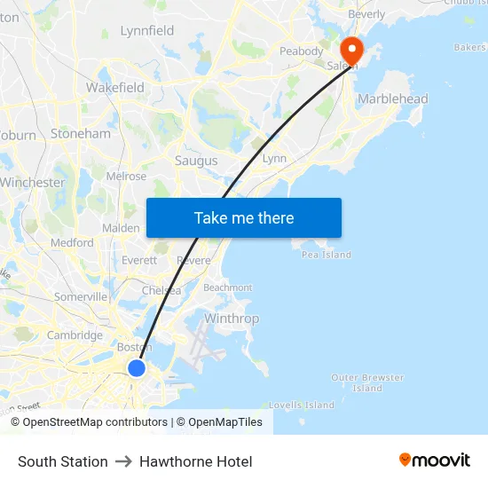 South Station to Hawthorne Hotel map