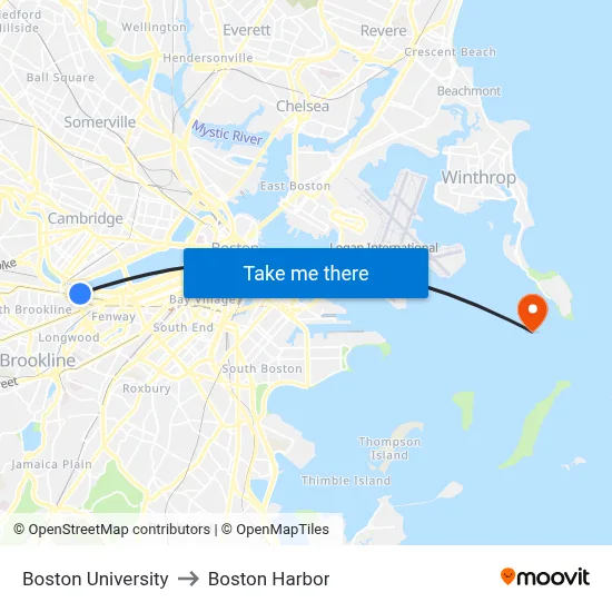 Boston University to Boston Harbor map