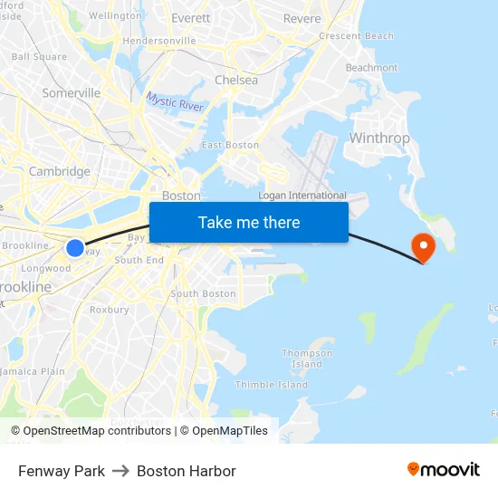 Fenway Park to Boston Harbor map