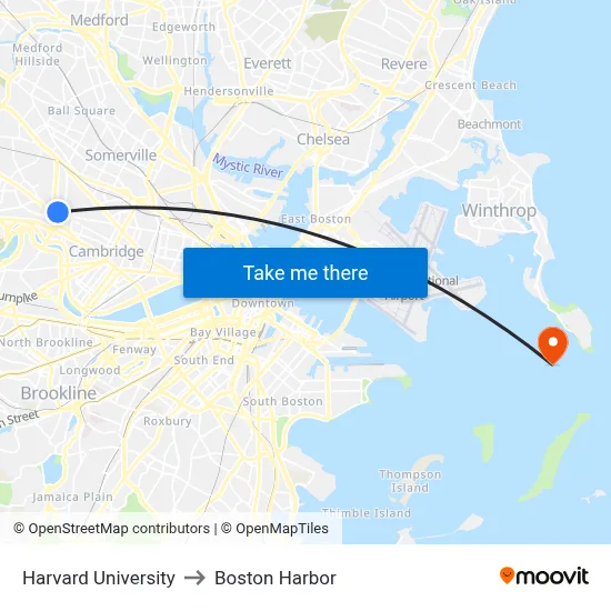 Harvard University to Boston Harbor map