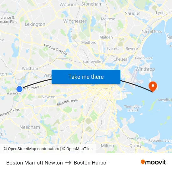 Boston Marriott Newton to Boston Harbor map