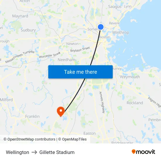 Wellington to Gillette Stadium map