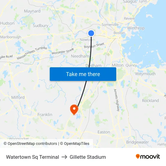 Watertown Sq Terminal to Gillette Stadium map