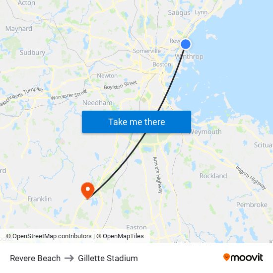Revere Beach to Gillette Stadium map