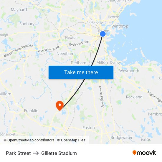 Park Street to Gillette Stadium map