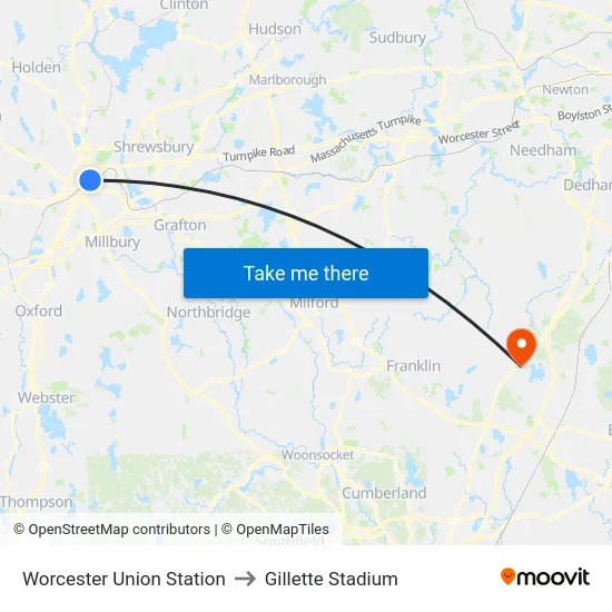 Worcester Union Station to Gillette Stadium map