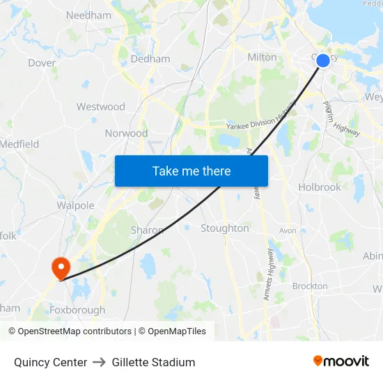 Quincy Center to Gillette Stadium map