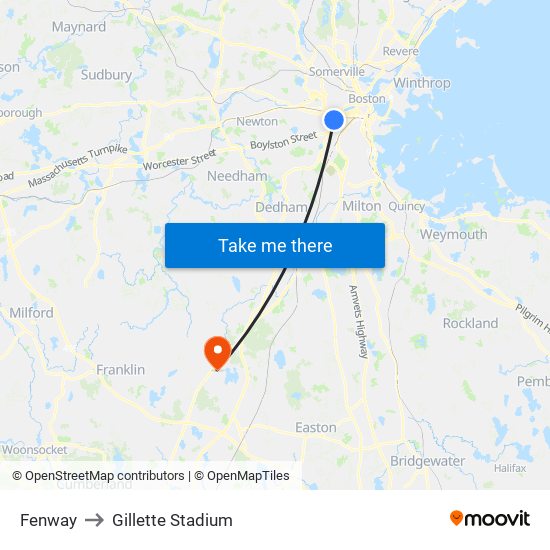 Fenway to Gillette Stadium map