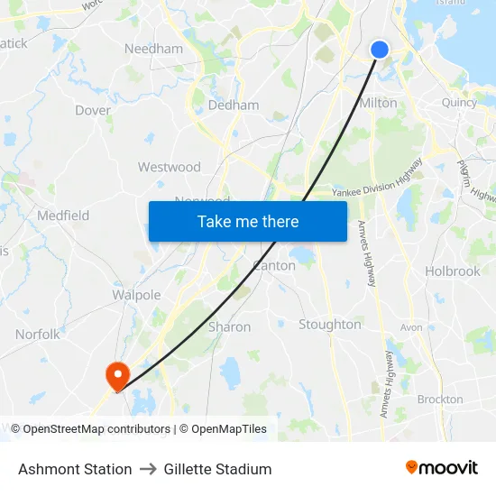 Ashmont Station to Gillette Stadium map