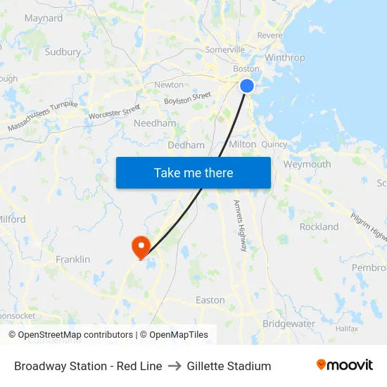 Broadway Station - Red Line to Gillette Stadium map