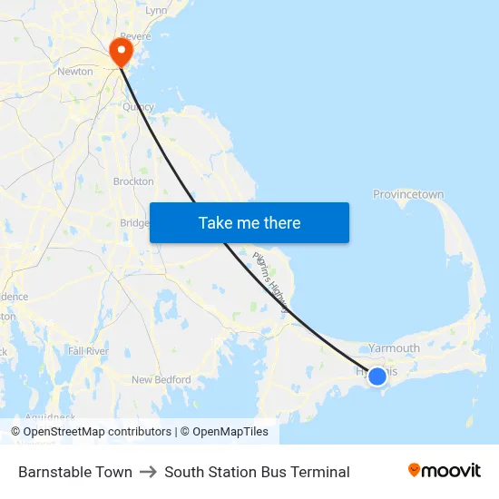 Barnstable Town to South Station Bus Terminal map