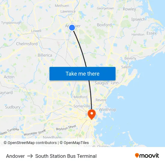 Andover to South Station Bus Terminal map