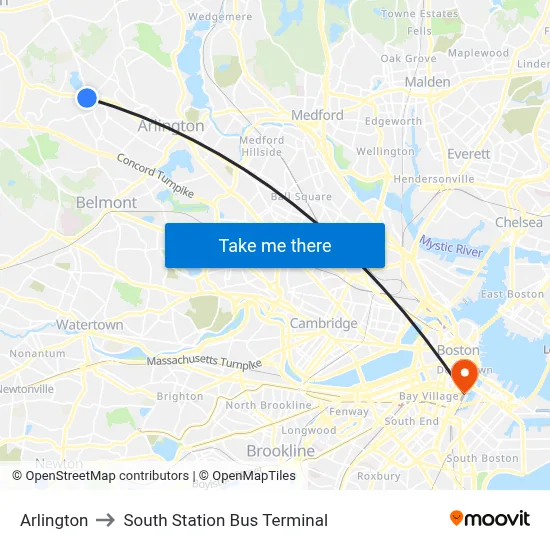 Arlington to South Station Bus Terminal map