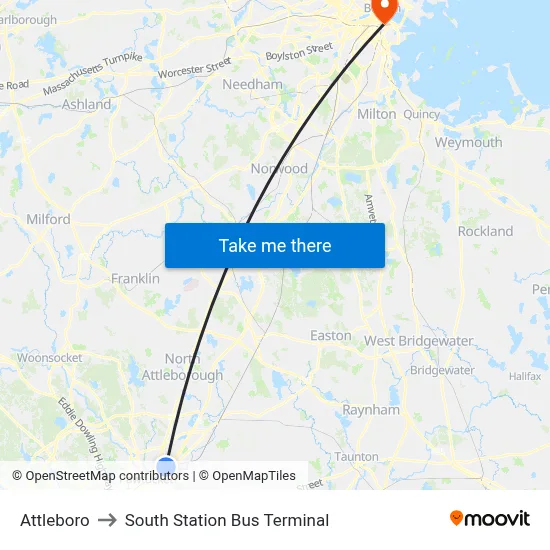 Attleboro to South Station Bus Terminal map