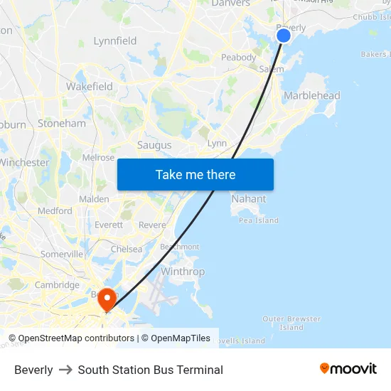 Beverly to South Station Bus Terminal map