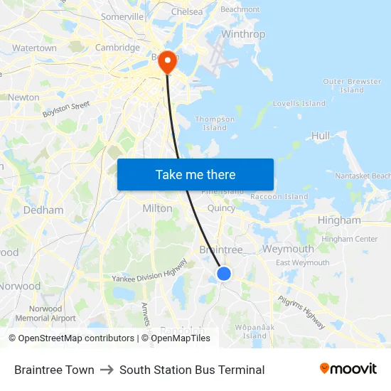 Braintree Town to South Station Bus Terminal map