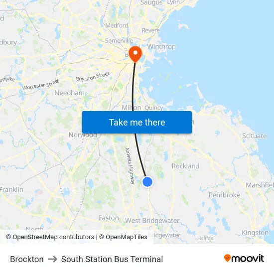 Brockton to South Station Bus Terminal map