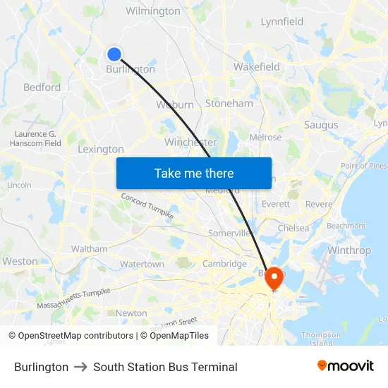 Burlington to South Station Bus Terminal map