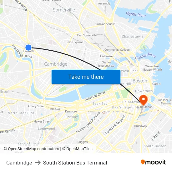 Cambridge to South Station Bus Terminal map
