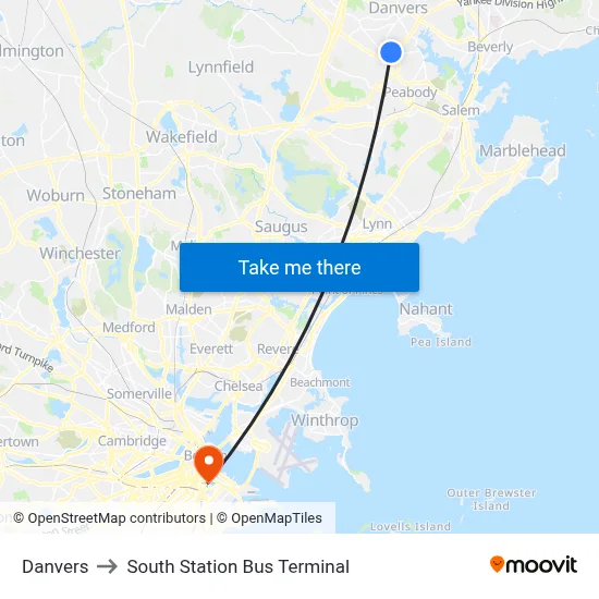 Danvers to South Station Bus Terminal map