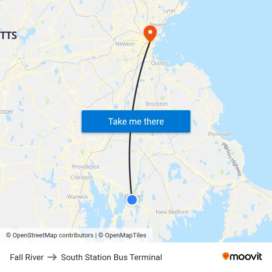 Fall River to South Station Bus Terminal map