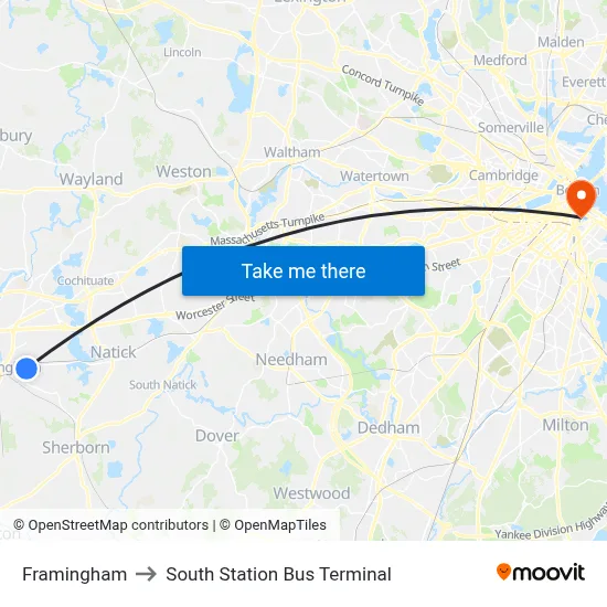Framingham to South Station Bus Terminal map