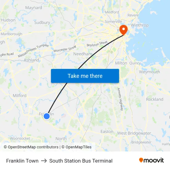 Franklin Town to South Station Bus Terminal map