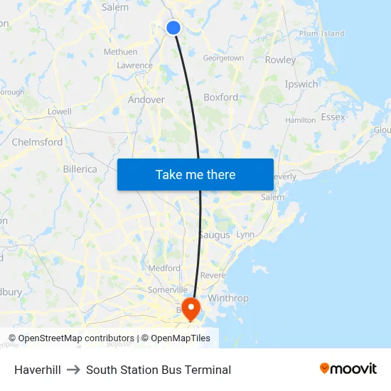 Haverhill to South Station Bus Terminal map
