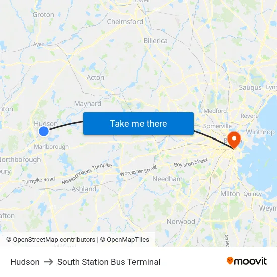 Hudson to South Station Bus Terminal map