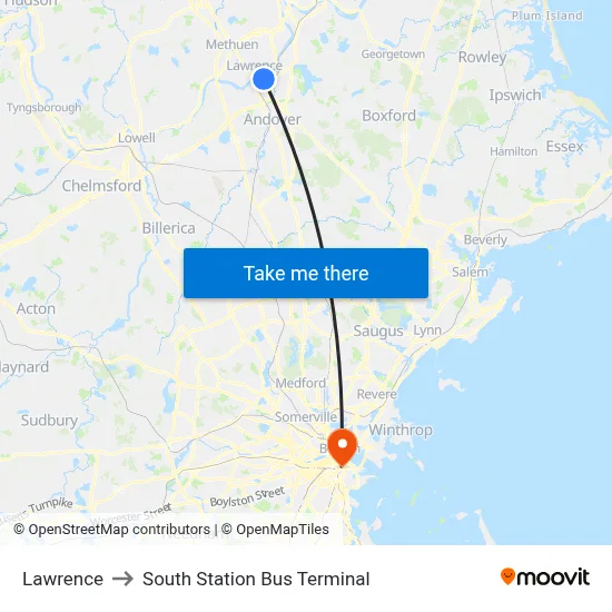 Lawrence to South Station Bus Terminal map