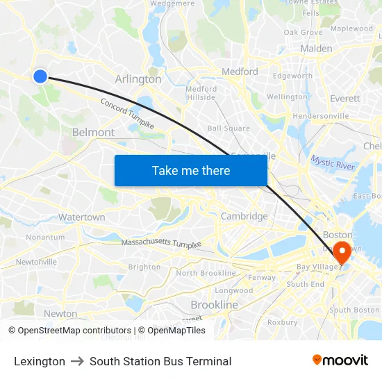 Lexington to South Station Bus Terminal map