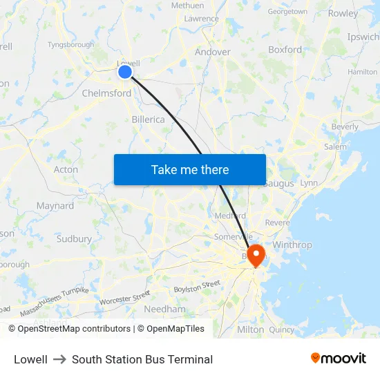 Lowell to South Station Bus Terminal map