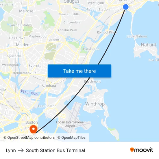 Lynn to South Station Bus Terminal map