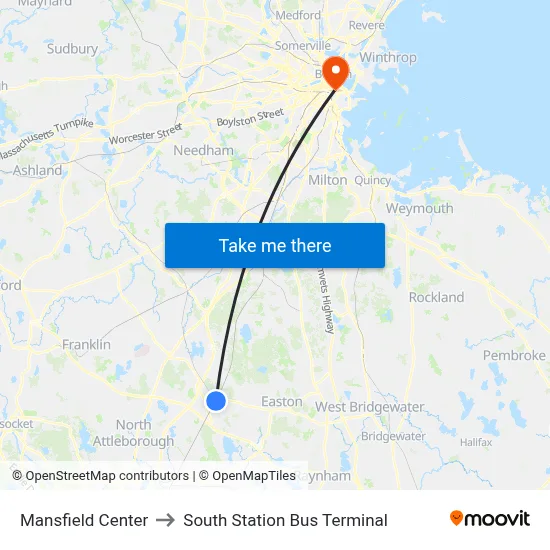 Mansfield Center to South Station Bus Terminal map