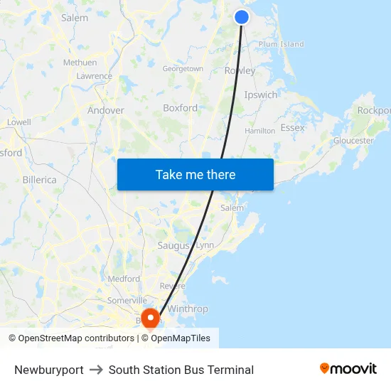Newburyport to South Station Bus Terminal map