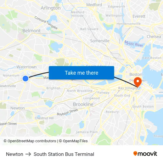 Newton to South Station Bus Terminal map