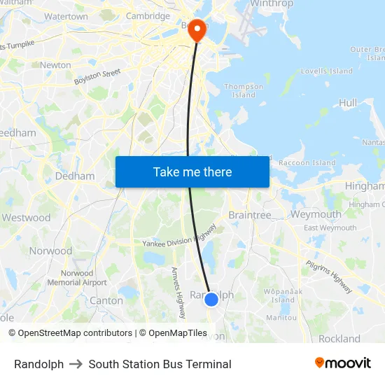 Randolph to South Station Bus Terminal map