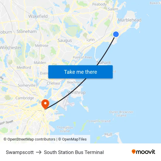 Swampscott to South Station Bus Terminal map