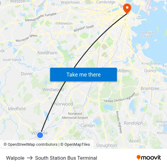 Walpole to South Station Bus Terminal map