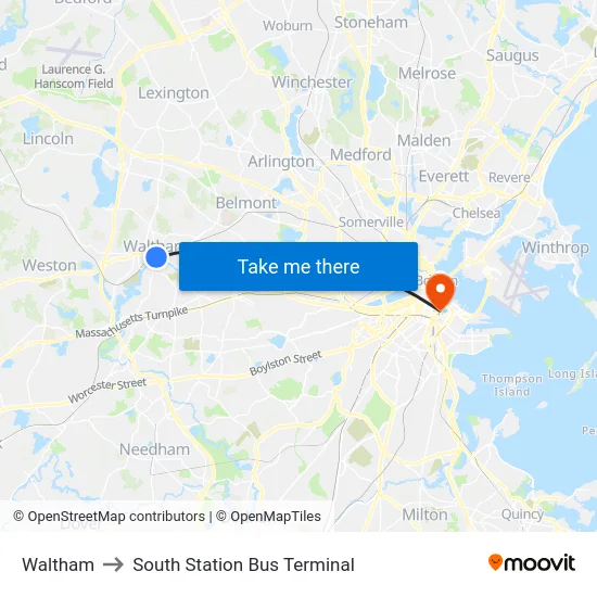 Waltham to South Station Bus Terminal map