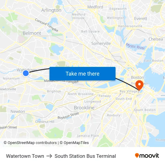Watertown Town to South Station Bus Terminal map