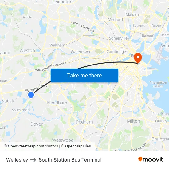 Wellesley to South Station Bus Terminal map