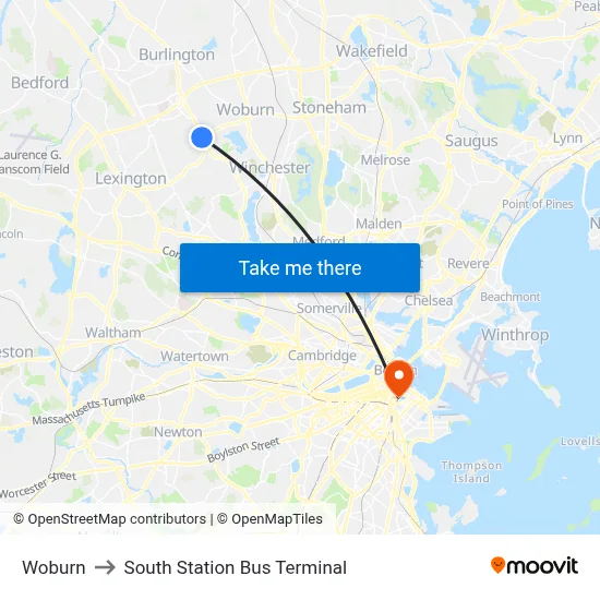 Woburn to South Station Bus Terminal map